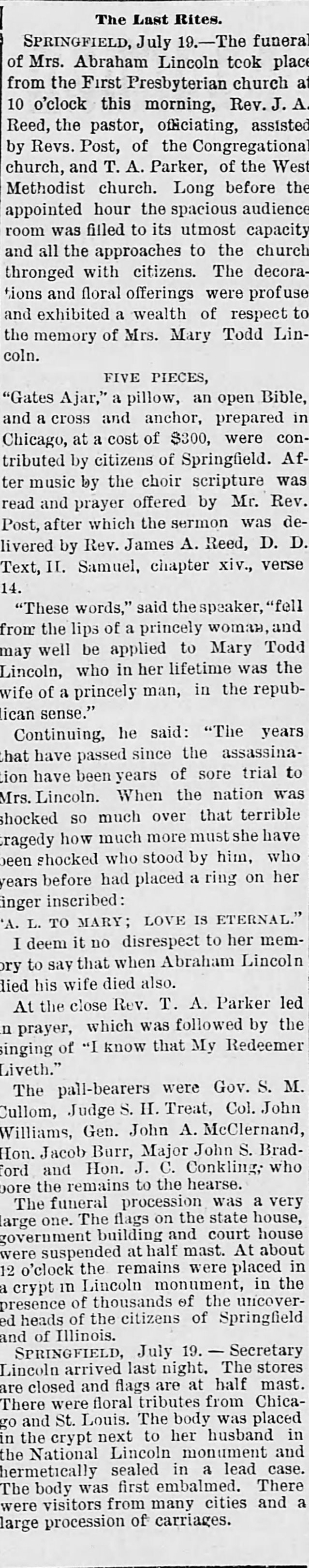The last rites of Mrs. Abraham Lincoln